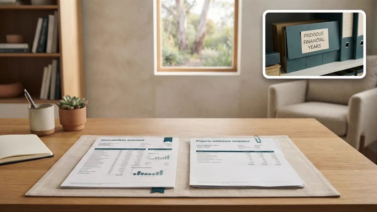 A share portfolio statement and a property settlement statement side by side on a desk
